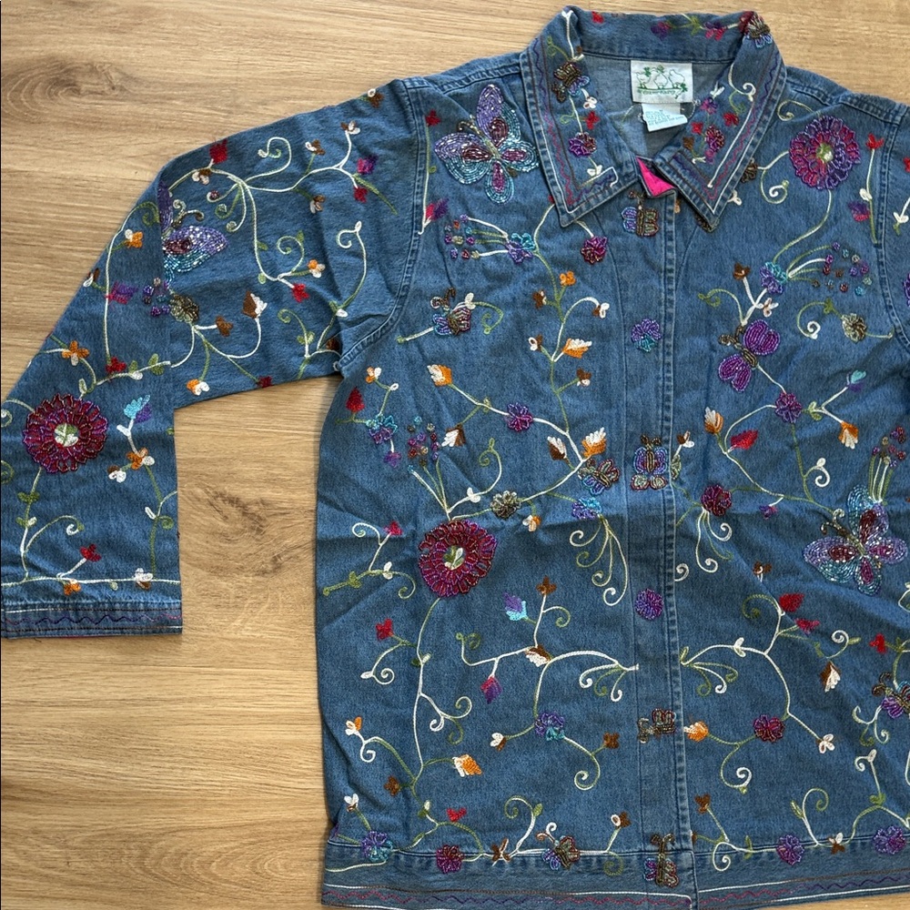 Quacker Factory Denim Jacket with Colorful Embroidery Chambray Bead - Picture 3 of 6